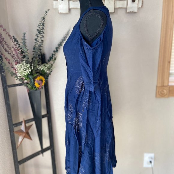 4/$20 Sassafras Navy Dandelion Cold Shoulder Full Button Up Dress S - Picture 6 of 11